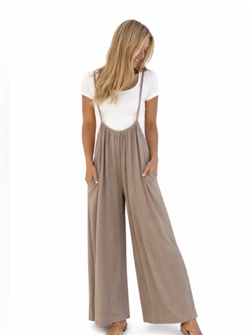 Three Bird Nest Taupe Wide-Leg Suspender Jumpsuit